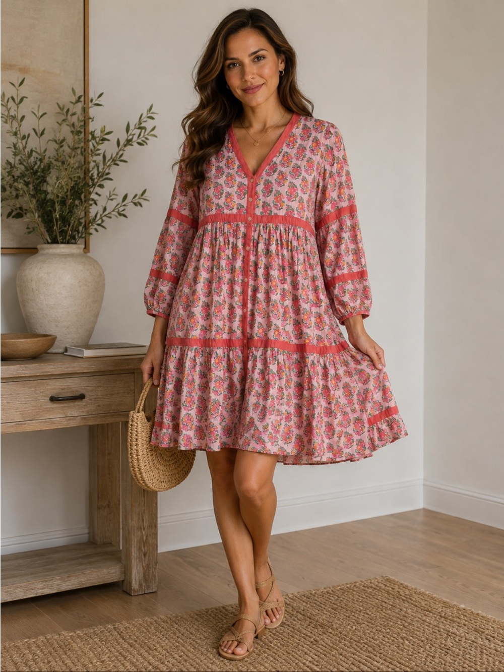 Boden Pink Floral Tiered V-Neck button front Women’s Dresss 4p